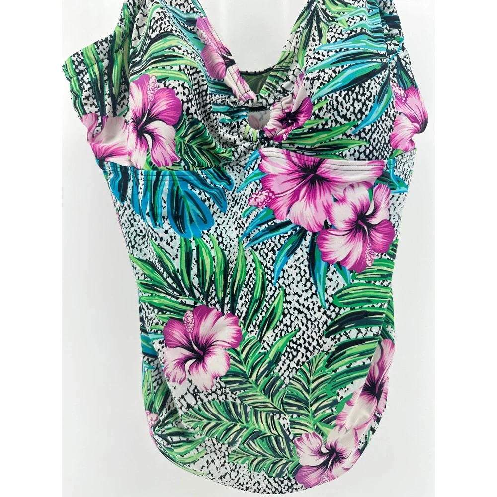 St Johns Bay Womens Floral Tropical Animal Print Tankini Swim Top Pink Green 16